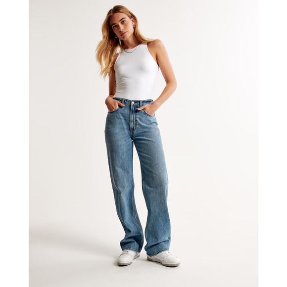 Abercrombie High Rise Loose Jean Size 00 Short 24 Petite Denim Medium Blue Wash - Picture 1 of 12